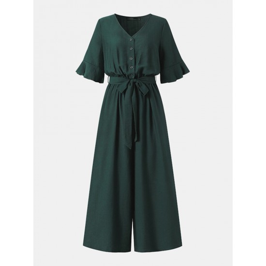 Solid Belt Pocket Button Ruffle Sleeve V neck Jumpsuit Solid Belt Pocket Button Ruffle Sleeve V neck Jumpsuit