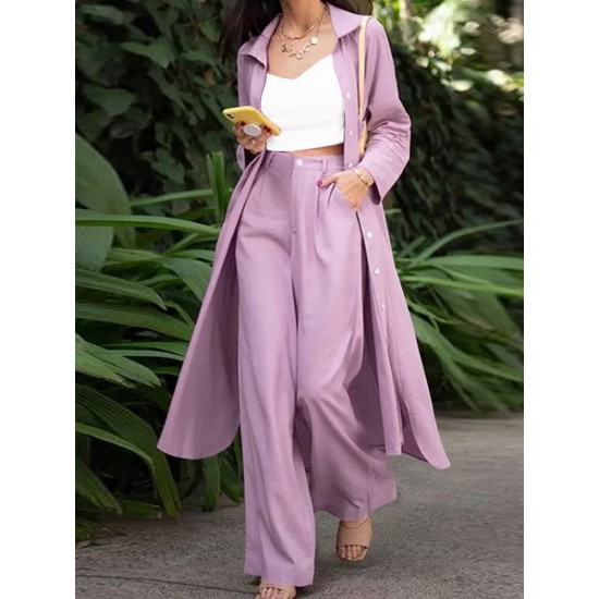 Solid Pocket Button Lapel Long Sleeve Two Pieces Set Women Solid Pocket Button Lapel Long Sleeve Two Pieces Set Women