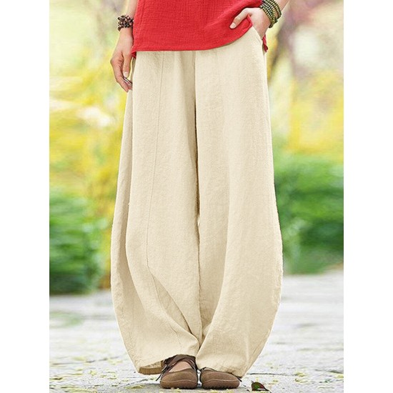 Solid Pocket Elastic Waist Cotton Casual Pants Solid Pocket Elastic Waist Cotton Casual Pants