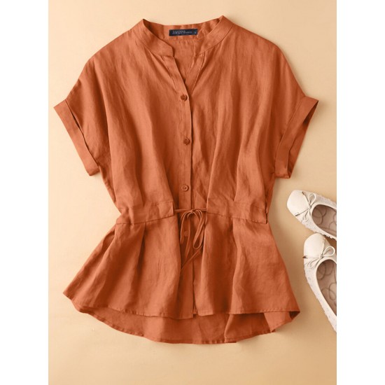 Solid Button Drawstring V Neck Roll Sleeve Casual Cotton Blouse Solid Button Drawstring V Neck Roll Sleeve Casual Cotton Blouse
