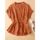 Solid Button Drawstring V Neck Roll Sleeve Casual Cotton Blouse Solid Button Drawstring V Neck Roll Sleeve Casual Cotton Blouse