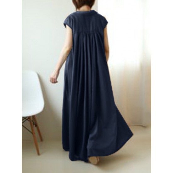 Solid Button Lapel Ruched Short Sleeve Maxi Shirt Dress Solid Button Lapel Ruched Short Sleeve Maxi Shirt Dress