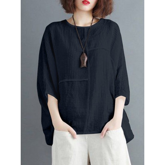 Solid Round Neck Bat Sleeve Casual Blouse Solid Round Neck Bat Sleeve Casual Blouse