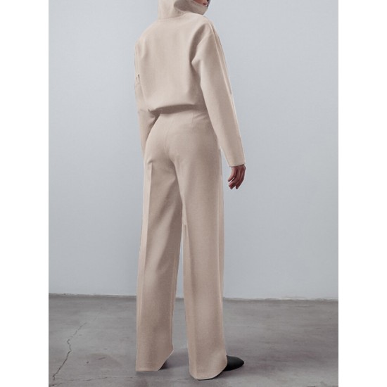 Solid Zip Front Hasp Long Sleeve Lapel Two Pieces Set Solid Zip Front Hasp Long Sleeve Lapel Two Pieces Set