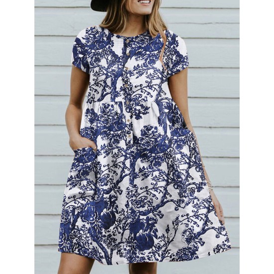 Cotton Plant Print Button Pocket Short Sleeve Midi Dress Cotton Plant Print Button Pocket Short Sleeve Midi Dress