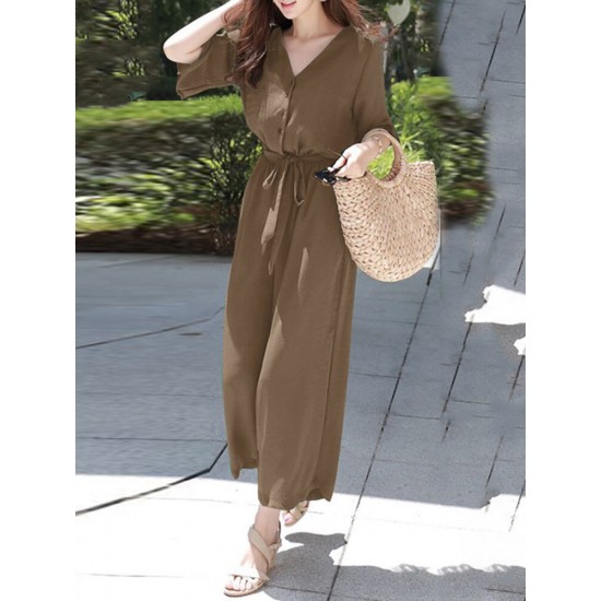 Solid Belt Pocket Button Ruffle Sleeve V neck Jumpsuit Solid Belt Pocket Button Ruffle Sleeve V neck Jumpsuit
