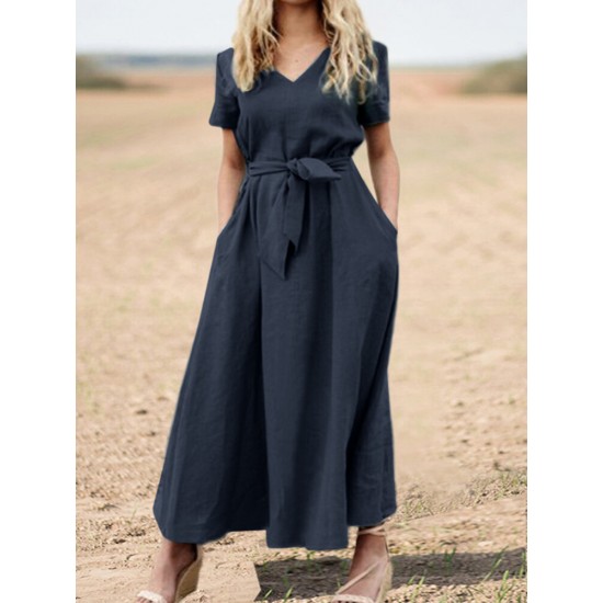 Solid Pocket Sash Short Sleeve Cotton Casual Maxi Dress Solid Pocket Sash Short Sleeve Cotton Casual Maxi Dress
