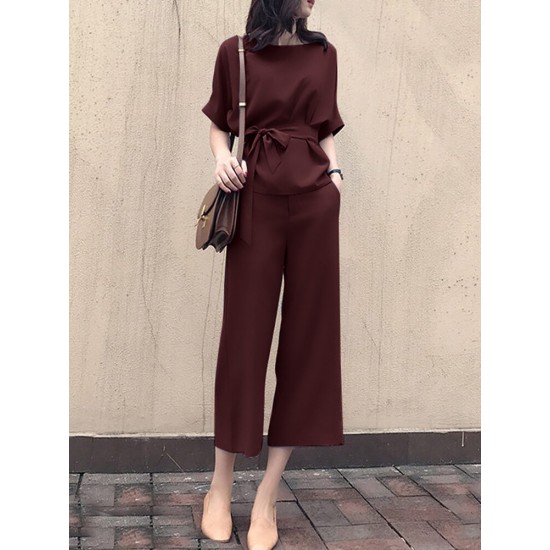 Solid Belt Pocket Rolled Sleeve Wide Leg Two Pieces Suit Solid Belt Pocket Rolled Sleeve Wide Leg Two Pieces Suit