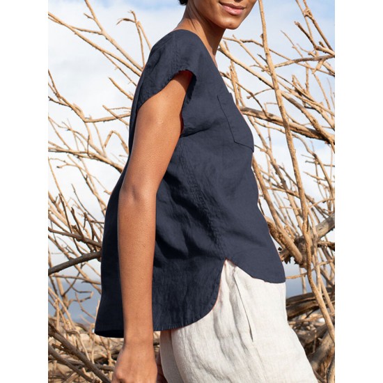 Solid Pocket Slit V neck Short Sleeve Casual Blouse Solid Pocket Slit V neck Short Sleeve Casual Blouse