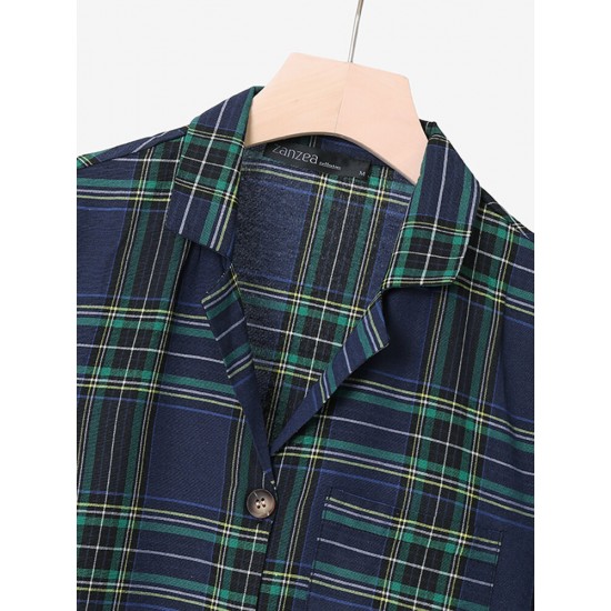 Plaid Print Button Pocket Short Sleeve Wide Leg Jumpsuit Plaid Print Button Pocket Short Sleeve Wide Leg Jumpsuit