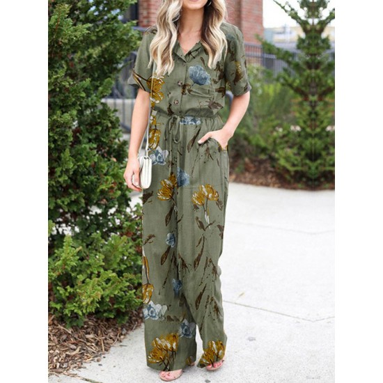Floral Print Button Pocket Short Sleeve Wide Leg Jumpsuit Floral Print Button Pocket Short Sleeve Wide Leg Jumpsuit
