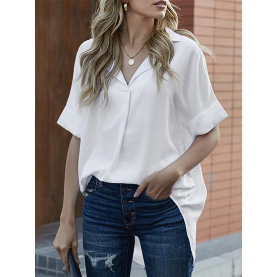 Solid Lapel Half Sleeve Casual Blouse Solid Lapel Half Sleeve Casual Blouse