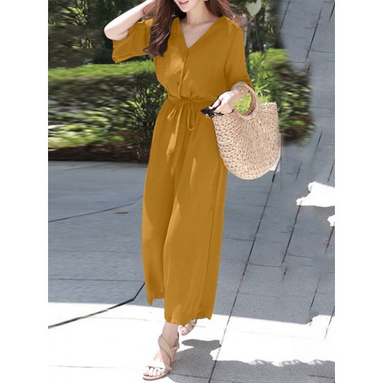 Solid Belt Pocket Button Ruffle Sleeve V neck Jumpsuit Solid Belt Pocket Button Ruffle Sleeve V neck Jumpsuit