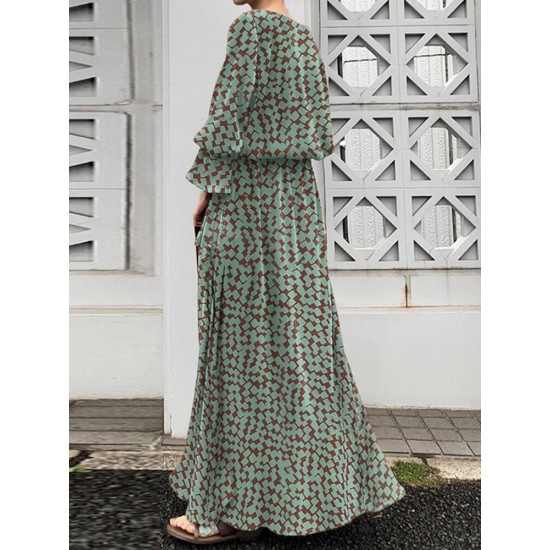 Geo Print Long Sleeve Slit Side Crew Neck Maxi Dress Geo Print Long Sleeve Slit Side Crew Neck Maxi Dress