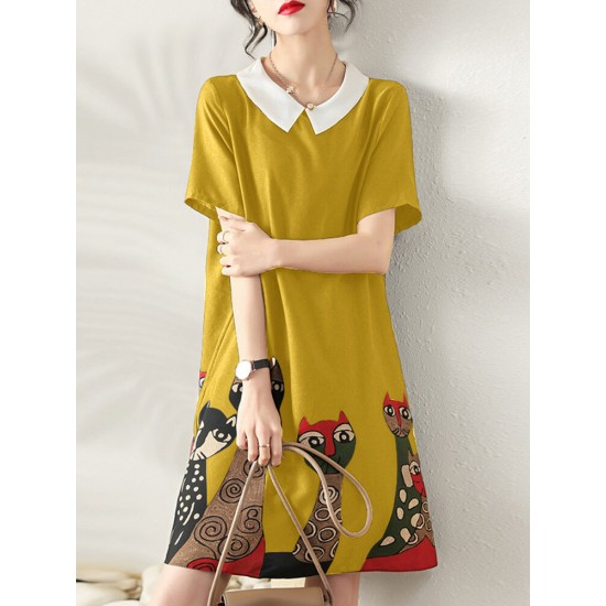Cartoon Cat Print Contrast Peter Pan Collar Short Sleeve Dress Cartoon Cat Print Contrast Peter Pan Collar Short Sleeve Dress