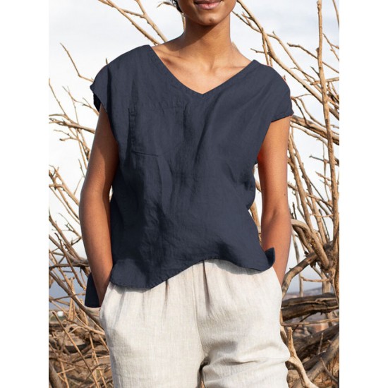 Solid Pocket Slit V neck Short Sleeve Casual Blouse Solid Pocket Slit V neck Short Sleeve Casual Blouse