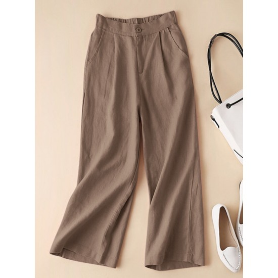 Solid Elastic Waist Pocket Button Wide Leg Pants Solid Elastic Waist Pocket Button Wide Leg Pants