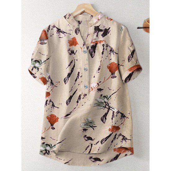 Random Flower Print Button Short Sleeve V neck Blouse Random Flower Print Button Short Sleeve V neck Blouse
