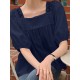 Solid Lace Patchwork Square Collar Short Sleeve Casual Cotton Blouse Solid Lace Patchwork Square Collar Short Sleeve Casual Cotton Blouse