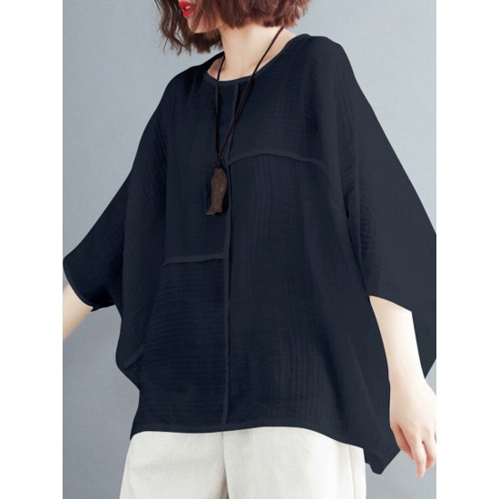 Solid Round Neck Bat Sleeve Casual Blouse Solid Round Neck Bat Sleeve Casual Blouse