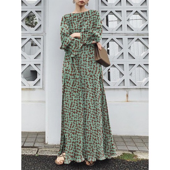 Geo Print Long Sleeve Slit Side Crew Neck Maxi Dress Geo Print Long Sleeve Slit Side Crew Neck Maxi Dress