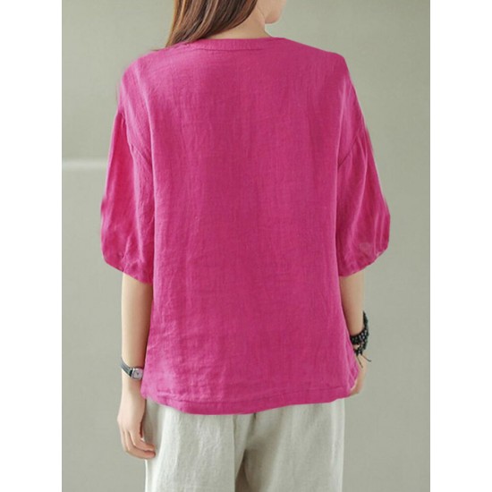 Solid Button Pocket V Neck Half Sleeve Casual Cotton Blouse Solid Button Pocket V Neck Half Sleeve Casual Cotton Blouse