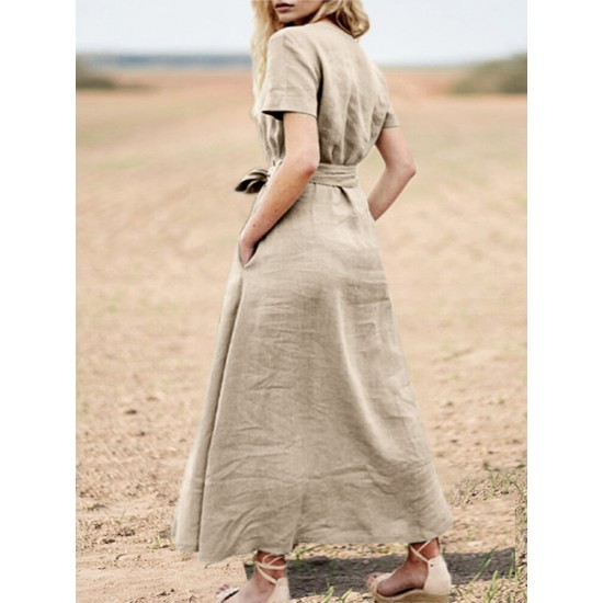 Solid Pocket Sash Short Sleeve Cotton Casual Maxi Dress Solid Pocket Sash Short Sleeve Cotton Casual Maxi Dress