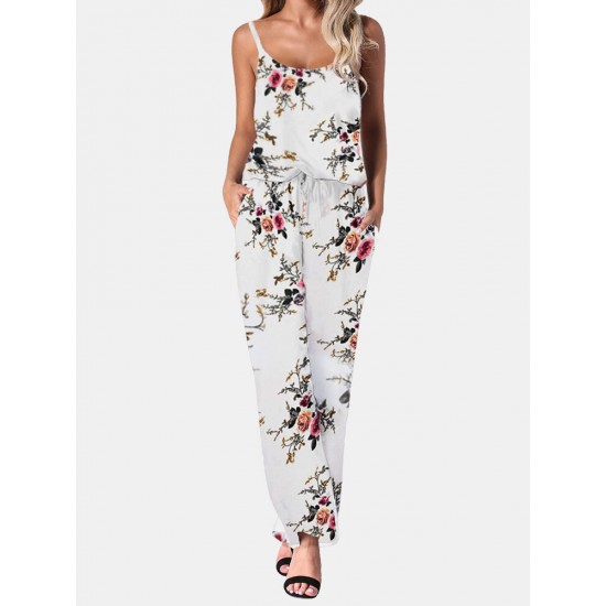 Flower Print Drawstring Pocket Strap Jumpsuit For Women Flower Print Drawstring Pocket Strap Jumpsuit For Women