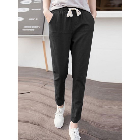 Solid Pocket Drawstring Elastic Waist Casual Tapered Pants Solid Pocket Drawstring Elastic Waist Casual Tapered Pants