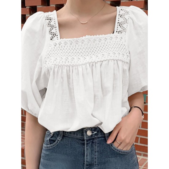 Solid Lace Patchwork Square Collar Short Sleeve Casual Cotton Blouse Solid Lace Patchwork Square Collar Short Sleeve Casual Cotton Blouse