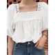 Solid Lace Patchwork Square Collar Short Sleeve Casual Cotton Blouse Solid Lace Patchwork Square Collar Short Sleeve Casual Cotton Blouse