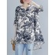 Plant Print Split V Neck High Low Hem Cotton Casual Blouse Plant Print Split V Neck High Low Hem Cotton Casual Blouse