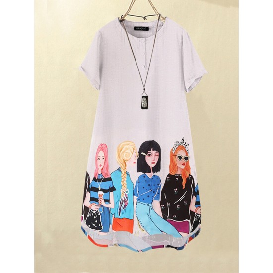 Cartoon Girls Graphic Pocket Short Sleeve Button Dress Cartoon Girls Graphic Pocket Short Sleeve Button Dress