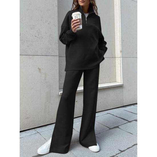 Women Turtleneck Solid Color Ankle Length Zipper Elastic Waist Two Piece Sets Women Turtleneck Solid Color Ankle Length Zipper Elastic Waist Two Piece Sets