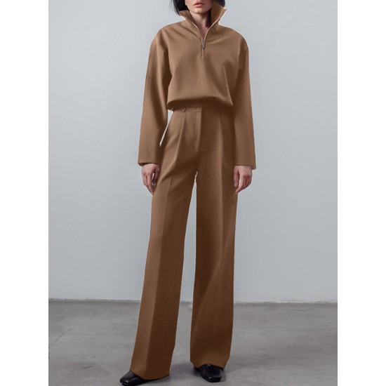 Solid Zip Front Hasp Long Sleeve Lapel Two Pieces Set Solid Zip Front Hasp Long Sleeve Lapel Two Pieces Set