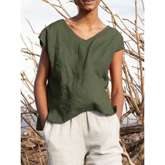 Solid Pocket Slit V neck Short Sleeve Casual Blouse Solid Pocket Slit V neck Short Sleeve Casual Blouse