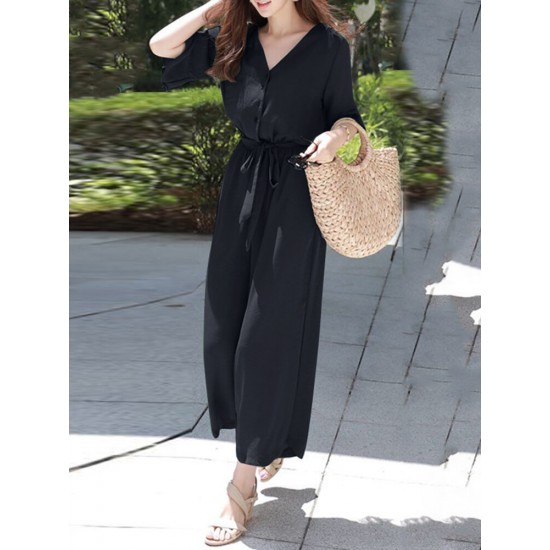 Solid Belt Pocket Button Ruffle Sleeve V neck Jumpsuit Solid Belt Pocket Button Ruffle Sleeve V neck Jumpsuit