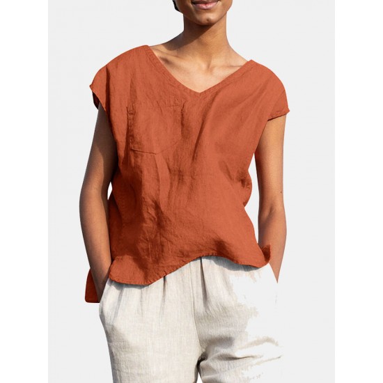 Solid Pocket Slit V neck Short Sleeve Casual Blouse Solid Pocket Slit V neck Short Sleeve Casual Blouse