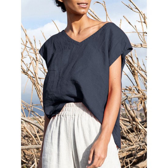 Solid Pocket Slit V neck Short Sleeve Casual Blouse Solid Pocket Slit V neck Short Sleeve Casual Blouse