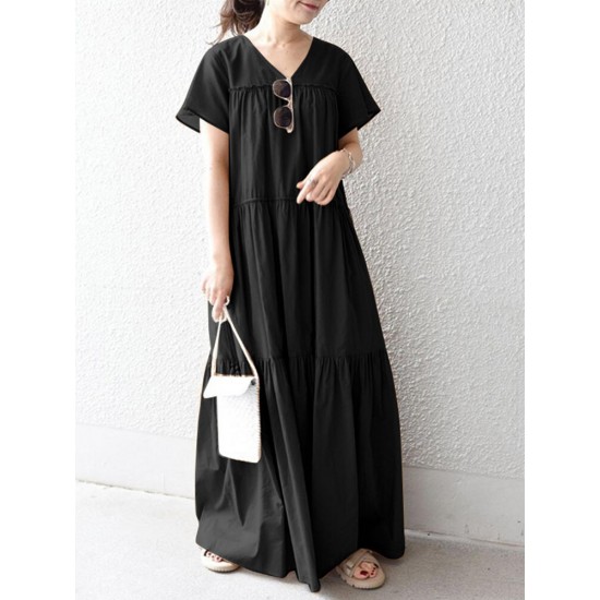 Solid Lettuce Edge V neck Short Sleeve Swing Maxi Dress Solid Lettuce Edge V neck Short Sleeve Swing Maxi Dress