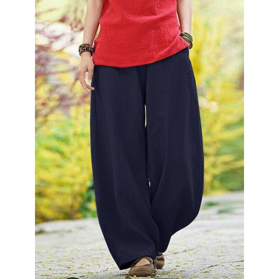 Solid Pocket Elastic Waist Cotton Casual Pants Solid Pocket Elastic Waist Cotton Casual Pants