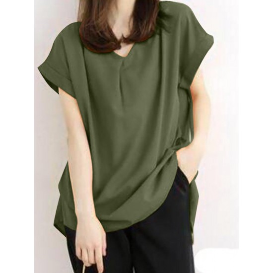 Solid Ruched Short Sleeve V Neck Casual Blouse Solid Ruched Short Sleeve V Neck Casual Blouse