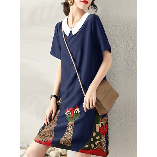 Cartoon Cat Print Contrast Peter Pan Collar Short Sleeve Dress Cartoon Cat Print Contrast Peter Pan Collar Short Sleeve Dress