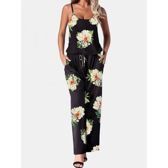 Flower Print Drawstring Pocket Strap Jumpsuit For Women Flower Print Drawstring Pocket Strap Jumpsuit For Women