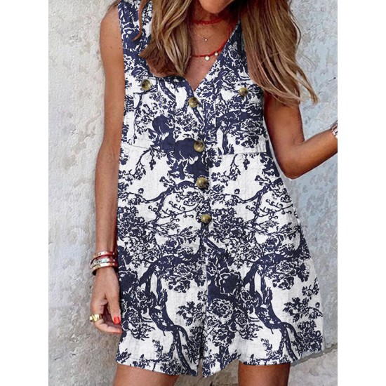 Plants Print Pocket Button Front Sleeveless V neck Romper Plants Print Pocket Button Front Sleeveless V neck Romper