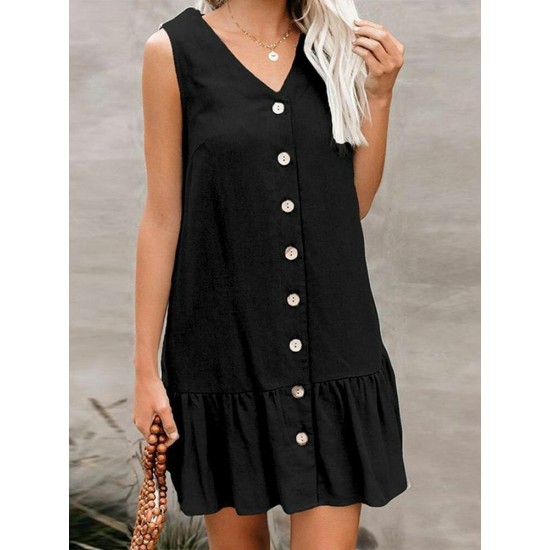 Cotton Solid Button Ruffle Sleeveless V Neck Casual Dress Cotton Solid Button Ruffle Sleeveless V Neck Casual Dress