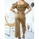 Solid Color Button Pocket Drawstring Off shoulder Ruffle Casual Jumpsuit Solid Color Button Pocket Drawstring Off shoulder Ruffle Casual Jumpsuit