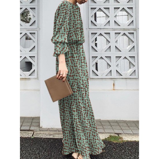 Geo Print Long Sleeve Slit Side Crew Neck Maxi Dress Geo Print Long Sleeve Slit Side Crew Neck Maxi Dress