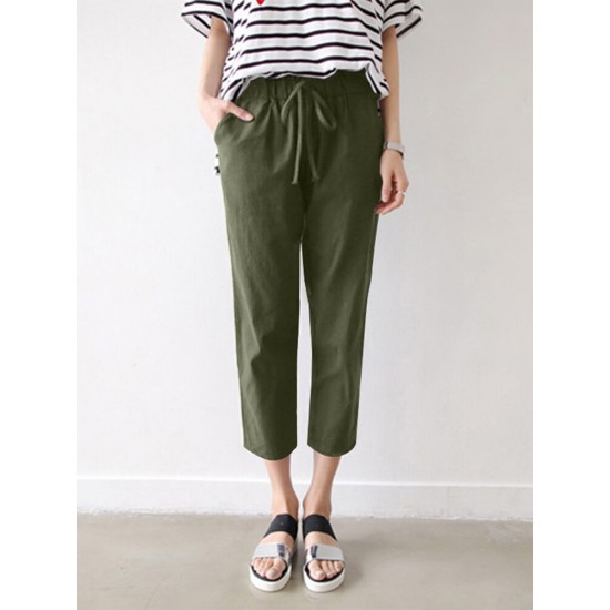 Leisure Solid Drawstring Pocket Cotton Casual Pants Leisure Solid Drawstring Pocket Cotton Casual Pants