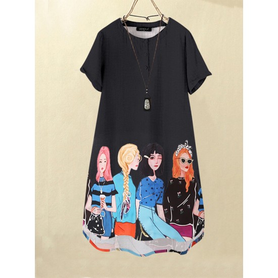 Cartoon Girls Graphic Pocket Short Sleeve Button Dress Cartoon Girls Graphic Pocket Short Sleeve Button Dress